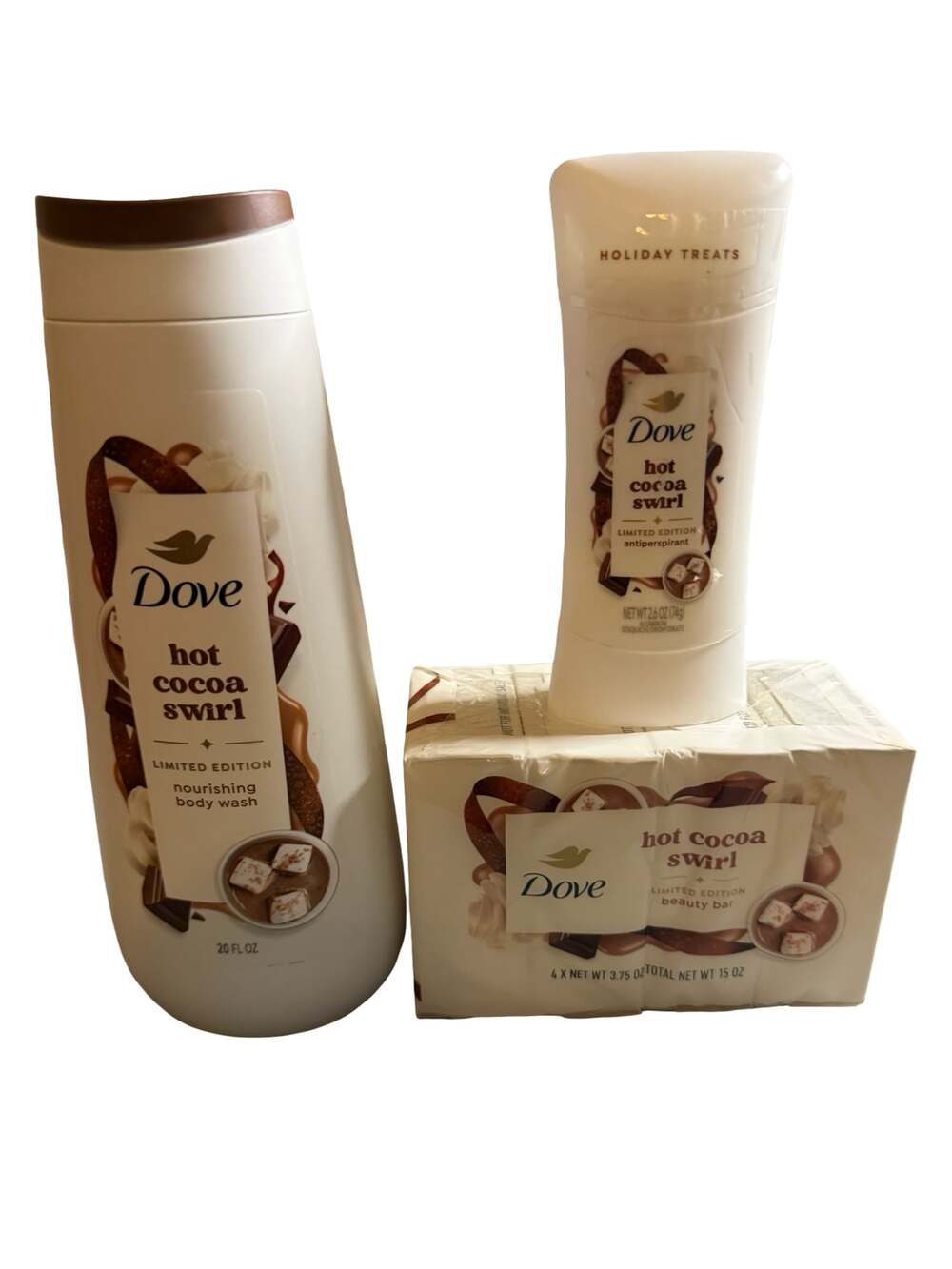 Dove Hot Cocoa Swirl Body Wash, Antiperspirant, and Beauty Bar Set